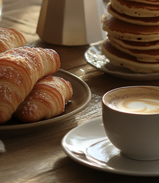 Brunch med kaffe, pannkakor, hotellfrukost. Lyxig hotellfrukost. Brunch för hela familjen.