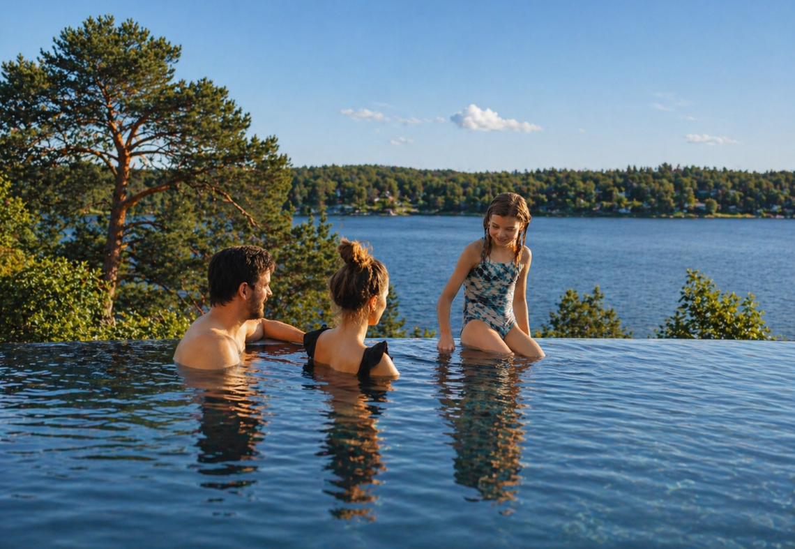 Familj i infinitypool på Djurönäset